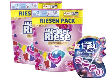Набір Weißer Riese: Капсули для прання Color Trio-Caps Орхідея та Макадамія (120 шт) та освіжувач для унітазу WC FRISCH Spa Momente Harmonie (50 г)