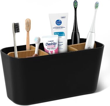 Підставка для зубних щіток з бамбуковими перегородками, органайзер для зубних щіток на 4 відділення + місце для пасти, чорний