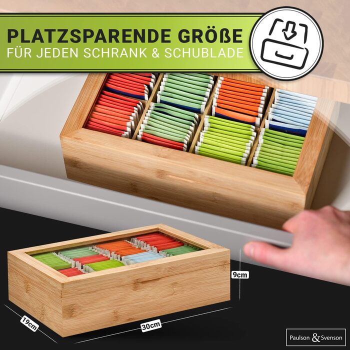 Paulson & Svenson® Sustainable Tea Box with 8 Compartments - Tea Bag Storage Made of Certified Bamboo Wood with Airtight Magnetic Closure and Viewing Window