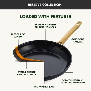 GreenPan Reserve Hard Anodized, Healthy Ceramic Non-Stick Coating, 16-Piece Cookware Set, Pots and Pans, Golden Handle, PFAS-Free, Dishwasher Safe, Oven Safe, Black 16 Piece Cookware Pots and Pans Set Schwarz
