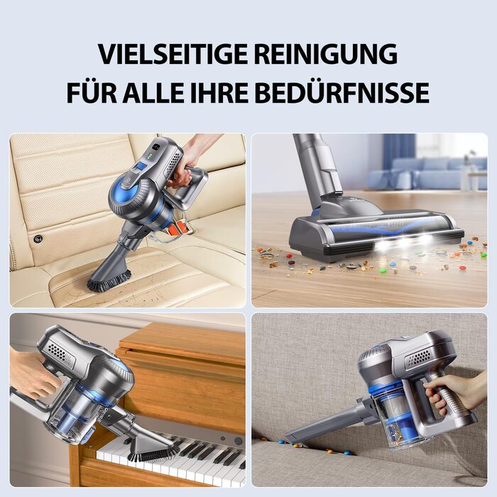 Greenote Бездротовий акумуляторний пилосос: 30 хв роботи, LED, насадка для щілин та м'яка щітка, паркування, для твердих поверхонь та шерсті тварин