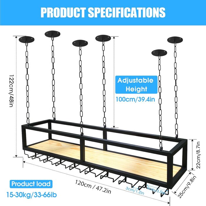 DSVONAUS Ceiling Shelf, Wine Rack, Height-Adjustable Decorative Shelf, Retro Iron and Solid Wood Ceiling Shelf, Single Layer, For Bars/Restaurants/Kitchens (120 * 25 * 100cm)