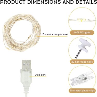 Гірлянда світлодіодна зовнішня/внутрішня 23м, 200 LED, 8 режимів, функція пам'яті, тепле світло, з USB, для декору