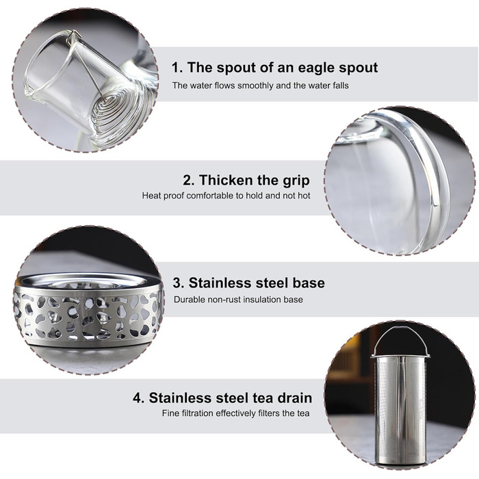 Скляний чайник для заварювання чаю з підставкою-підігрівачем та ситечком, 1500 мл, для листового та фруктового чаю