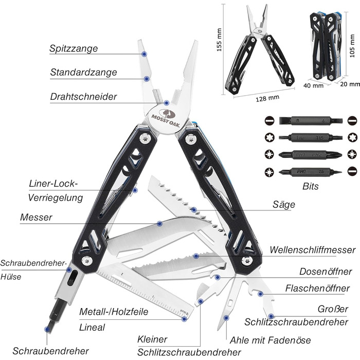 Мультитул Mossy Oak 21 в 1 з плоскогубцями та складаним ножем для кемпінгу, туризму та ремонту, з G10-ручкою та сумкою