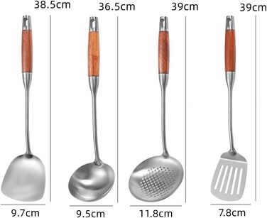 Набір кухонного приладдя з нержавіючої сталі 4 шт. (лопатка, шумовка, сито, лопатка для перевертання), з дерев'яною ручкою, придатний для миття в посудомийній машині