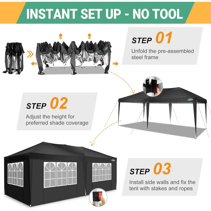 COBIZI Pop-up Pavilion 3x3, Folding Pavilion 3x3 Waterproof, Stable, Winter-proof |8X Pegs|4X Wind Rope|UV Protection 50+|High-Density Tarpaulin| Pavilion Foldable 3x3m Party Tent Folding Pavilion 3x3 Garden Pavilion (Black, 3x6m with 6 Side Panels)