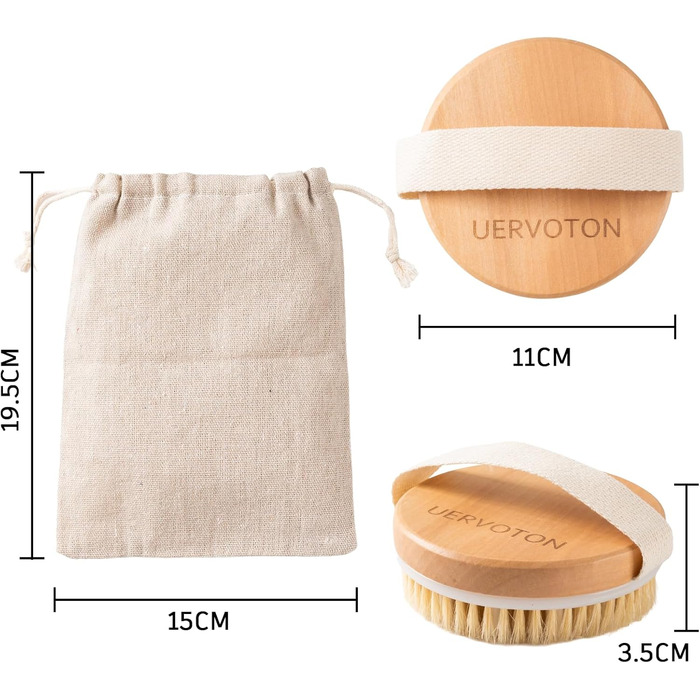 Щітка для пілінгу Uervoton, суха щітка з натуральної щетини Tampico, для проблемної шкіри, целюліту та набряків, покращує кровообіг завдяки пілінгу (з сумкою для зберігання) 1 шт. з сумкою