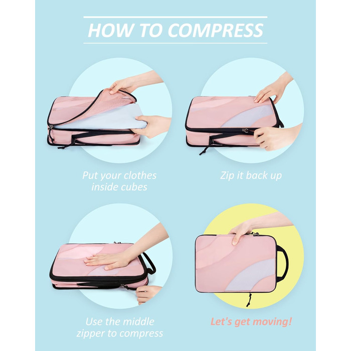 Органайзери для валізи BAGSMART компресійні (6 шт.) - рожеві. Набір кубиків для пакування, органайзер для подорожей в ручній поклажі