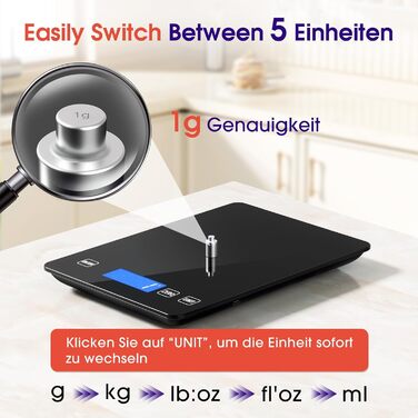 Кухонні ваги цифрові 15 кг, перезаряджувані, з LCD-дисплеєм та функцією тарування, водонепроникні, преміум-якість, чорний колір