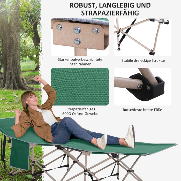 Outsunny Folding Cot with Storage Bag, Foldable Camping Bed, Camping Lounger, Includes Carry Bag, Steel Oxford Fabric, Green, 190 x 68 x 52 cm | Aosom