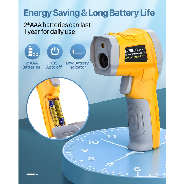 Інфрачервоний термометр Eventek -50°C ~ 600°C з лазером, регулюванням випромінювання та LCD-дисплеєм для гриля, піци, кухні та промисловості (жовтий)