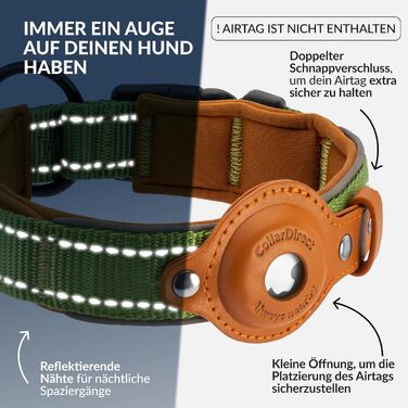 Нашийник для Apple AirTag з відбиваючим матеріалом, CollarDirect, для собак великих, середніх та малих порід, зелений, розмір L (42-51 см)