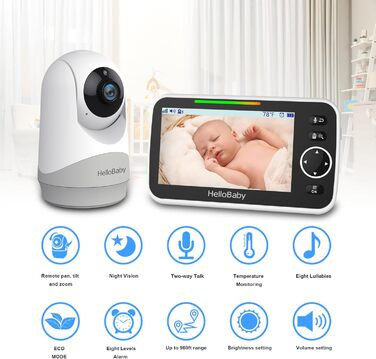 Відеоняня HelloBaby з камерою та аудіо, 5-дюймовий екран, акумулятор 3500 mAh, дистанційне керування, двосторонній зв'язок, ECO-режим, авто-нічне бачення, радіус дії до 292 м, HB6250