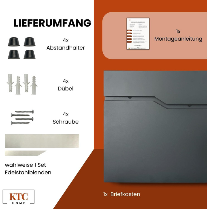 Поштова скринька KTC Home Premium Postlux 4.0 Anthrazit з нержавіючою сталлю, стійка до УФ-випромінювання та погодних умов, порошкове покриття