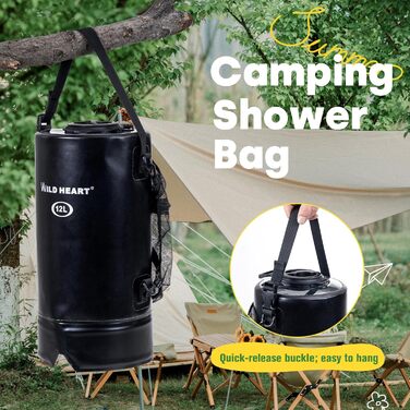 WILD HEAT Camping Shower 12L Portable Shower for Camping with Foot Pump and Shower Bag Backpack for Camping (12L, Black)