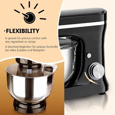 Кухонна машина Retoo 3-в-1 з нержавіючою чашею 6 л, 2000 Вт, 6 швидкостей, планетарний міксер, гак для тіста, вінчик, захист від бризок, кухонний комбайн, планетарна міксер, тістоміс