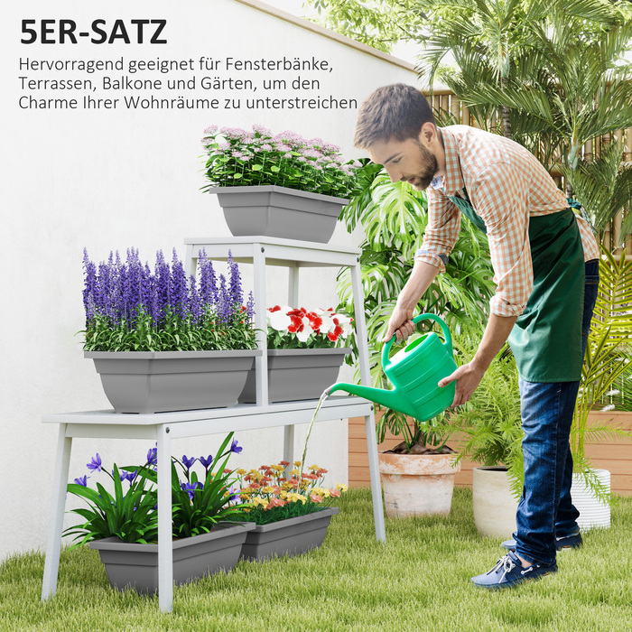 Outsunny Set of 5 Flower Pots - Plastic Planters for Patio, Garden, or Balcony, 23.2 x 8.3 x 6.3 inches, Gray