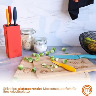 MasterChef 5-Piece Knife Block Set - Stainless Steel Kitchen Knife Set with Chef's Knife, Santoku, Bread Knife, Utility Knife, and Vegetable Knife - Sharp, Black Soft-Touch Handles