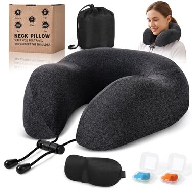 Подушка для подорожей Kobete з ефектом пам'яті (Memory Foam) для шиї, набір для сну в літаку, авто та поїзді: з 3D-маскою, берушами та сумкою, чорна
