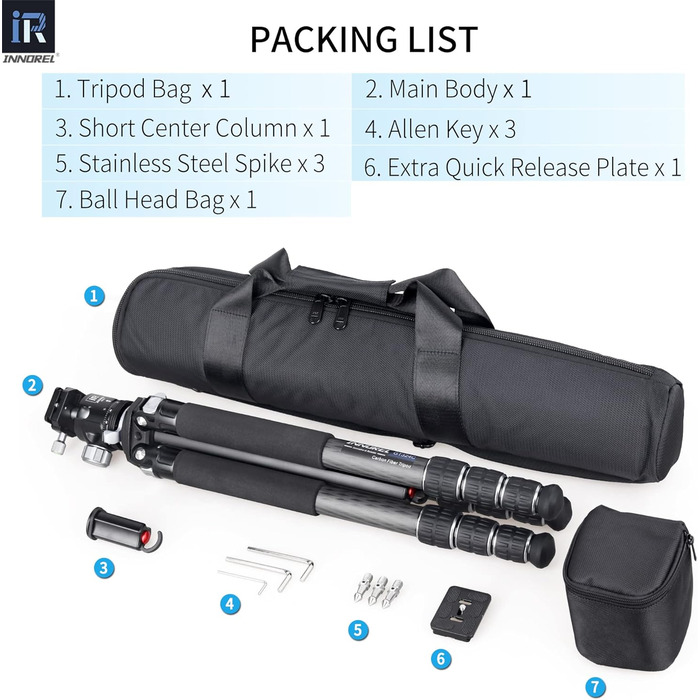Професійний вуглецевий штатив INNOREL GT324C з кулястою головкою для DSLR камер, компактний вуглепластиковий трипід, максимальне навантаження 25 кг