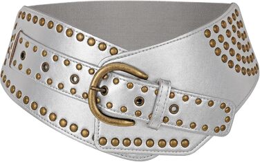 Жіночий вінтажний широкий еластичний пояс JASGOOD з пряжками, стрейч-пояс для карнавалу та косплею, 95 см (для талії 93-104 см), срібний, 75 см (для талії 69-79 см)