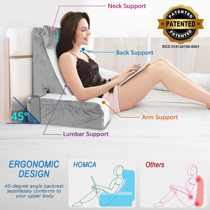 HOMCA Подушка для читання та відпочинку в ліжко та на диван з знімною подушкою для шиї та підлокітником, подушка для спини, подушка для стіни, багатофункціональна подушка-клинок для читання, роботи, перегляду телевізора (36x40x48 см)