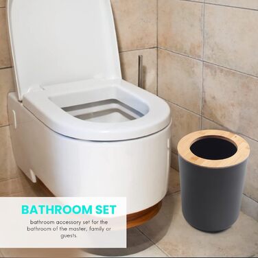 Набір аксесуарів для ванної кімнати з бамбука (6 шт.), чорний: щітка для унітазу, дозатор мила, стаканчик для зубних щіток, мильниця, сміттєвий бачок