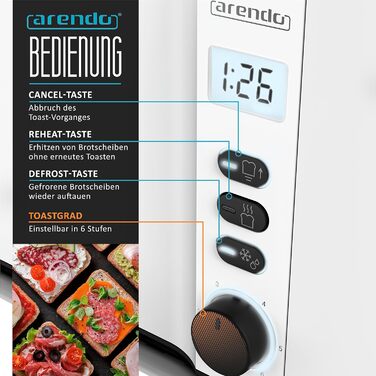 Тостер Arendo з нержавіючої сталі з 4 широкими слотами, подвійними стінками, інтегрованим тримачем для булочок, ступенями підсмажування 1-6, центровкою хліба, автоматичним вимкненням та дисплеєм з індикатором часу. Колір: білий