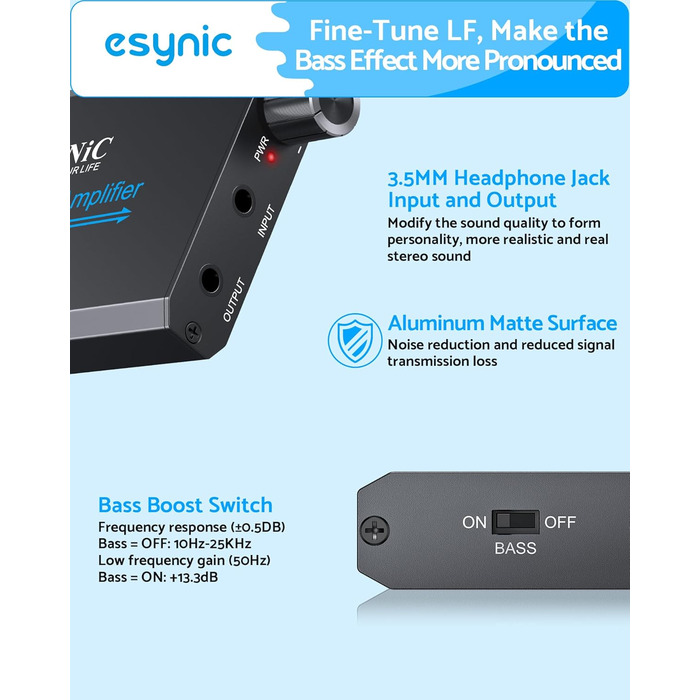 eSynic Професійний підсилювач навушників з підсиленням басів, 16-300 Ом, портативний, 3.5mm, для MP3, MP4, телефонів, комп'ютерів