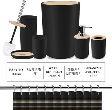 Набір аксесуарів для ванної кімнати Britimes, чорний: шторка для душу, сміттєвий бак, дозатор мила, тримач для унітазу, тримач для зубних щіток та стаканчик для зубних щіток