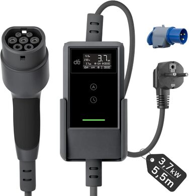 Кабель для зарядки електромобіля Type 2 Schuko 3,7kW (6-16A, 1-фазний) з LCD-дисплеєм, 5,5м, чорний