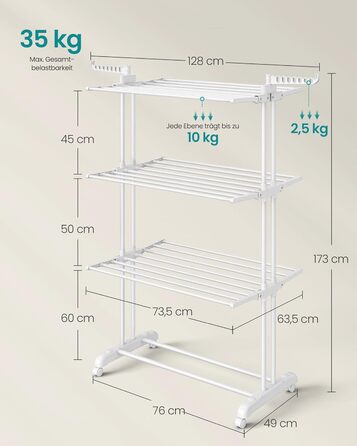 SONGMICS Сушарка для білизни на коліщатках, 4 яруси, розкладна, 63,5 x 128 x 173 см, білий, LLR701W03
