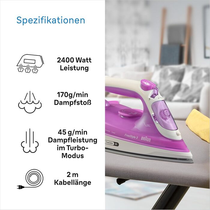 Праска з парою Braun FreeStyle 3 FI3124 PU, 2400 Вт, фіолетово-рожева, технологія FreeGlide 3D, керамічна підошва, Ultimate FastClean