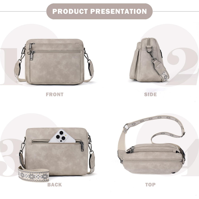 Сумка жіноча через плече MUIIKOLA середнього розміру, екошкіра бежево-сірого кольору, м'який широкий ремінь