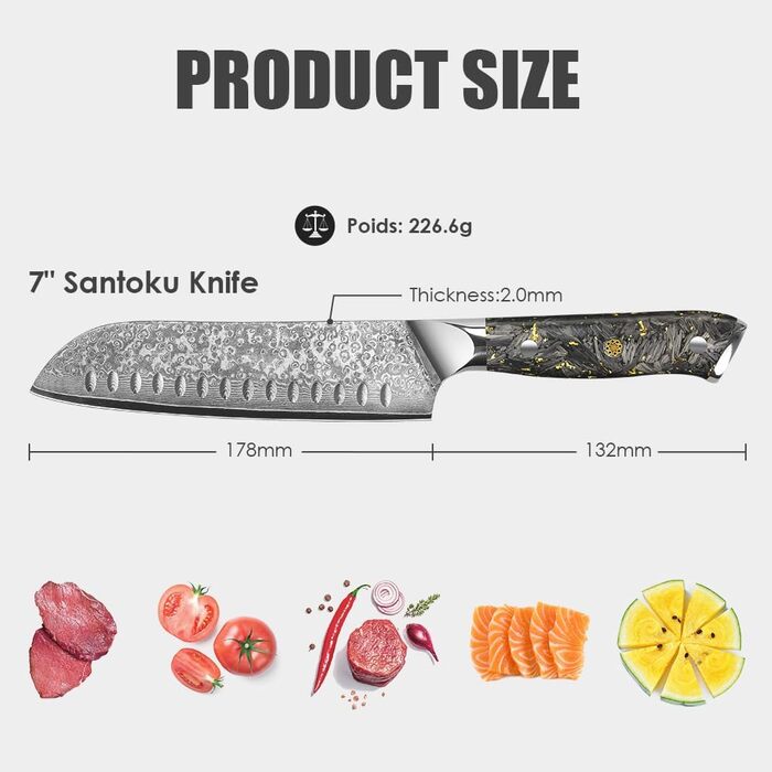 Японський ніж Santoku Kyushublade з дамаської сталі (67 шарів), з унікальною ручкою з карбону та золота, професійний кухонний ніж