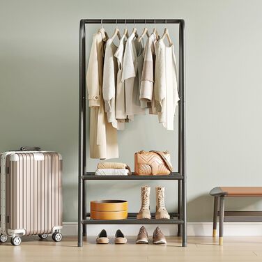 Robust metal clothes rack with double shelves for hanging clothes, freestanding and portable metal clothes rack, 62 L x 35 W x 157.5 H cm space-saving design, Gold (Black)