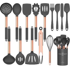 Набір кухонного приладдя Umite Chef, 15 предметів, силікон, червото-золоті ручки, антипригарне покриття, сірий колір