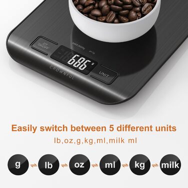 Кухонні ваги CROWNFUL, цифрові, 5 кг, з LCD-дисплеєм, нержавіюча сталь, висока точність (1 г), функція тарування (чорний)