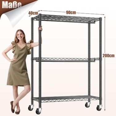 Вішалка для одягу на коліщатках 90x40x200 см, вантажопідйомність 150 кг, 2 висувні штанги, регульована полиця, великий об'єм для зберігання одягу, стабільна та мобільна