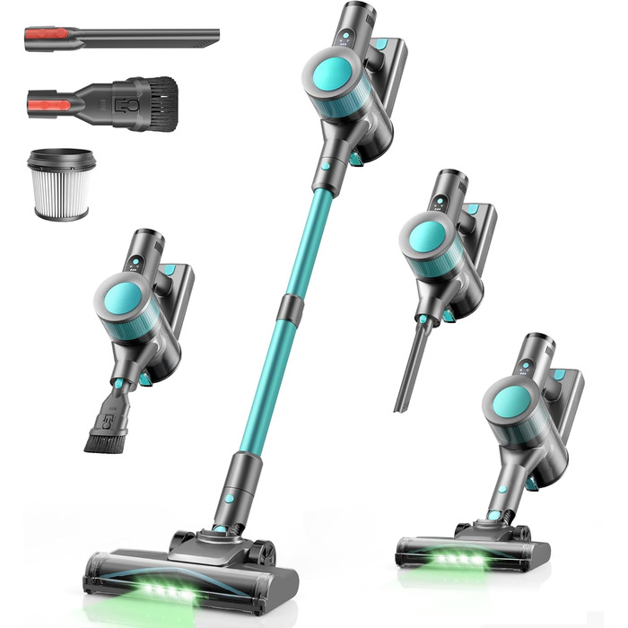 Бездротовий пилосос Dzaki 45000Pa з дисплеєм, антизаплутувальною насадкою та тривалою роботою для твердих поверхонь, килимів та шерсті тварин (блакитний)