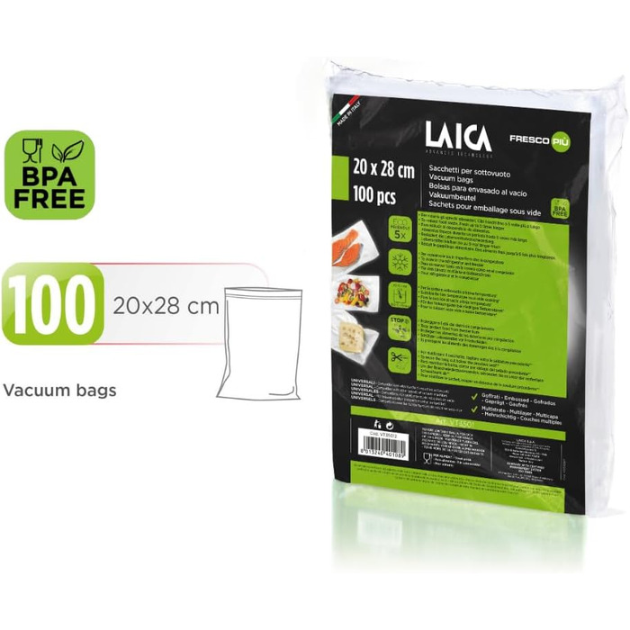 LAICA VT35012 Vacuum Sealer, 100 Vacuum Bags, Size 20 x 28 cm