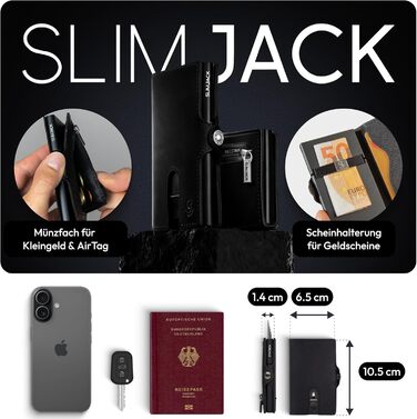 Slimjack Смарт-гаманець з відділенням для монет та RFID-захистом - Чоловічий алюмінієвий картхолдер для карт та монет (Чорний)