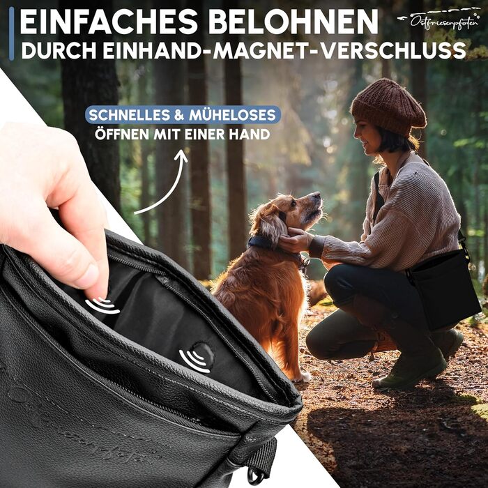 Футляр для ласощів для собак 'Frieda' з високоякісної штучної шкіри, чорний, розмір M. Зручна застібка EasyOpen на магніті, гаманчик для ласощів, сумка для прогулянок з собакою.