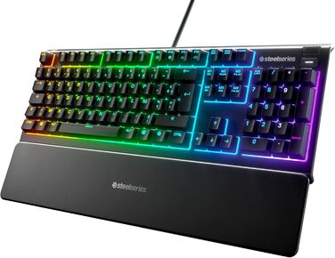 Клавіатура SteelSeries Apex 3 для геймінгу з RGB-підсвічуванням та магнітною підставкою для зап'ястя, QWERTY, чорна
