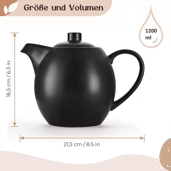 Teapot with infuser, ceramic - 1.2 l - Ceramic teapot, black (anthracite) - Tea Pot - Teapot Ceramic - Teapot accessory - Tea maker for loose leaf tea