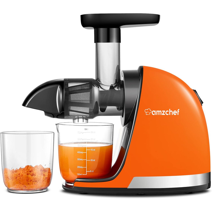 AMZCHEF Juicer - Vegetable and Fruit Test Winner - Slow Juicer with Reverse-Mastication Function - Gentle Crushing Without Filtering - Electric Juice Press with Brush and 2 Cups - Vibrant Orange