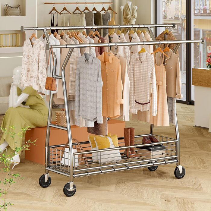 Підвісна шафа для одягу на коліщатках з подвійною перекладиною та сітчастим кошиком, 200 кг, великий об'єм для зберігання одягу та аксесуарів