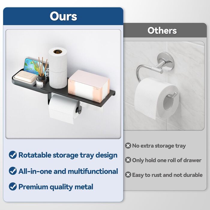 Настінний тримач для туалетного паперу з полицею, багатофункціональний, обертовий, з нержавіючої сталі, чорний мат. Підходить для ванної кімнати, кухні та пральні.