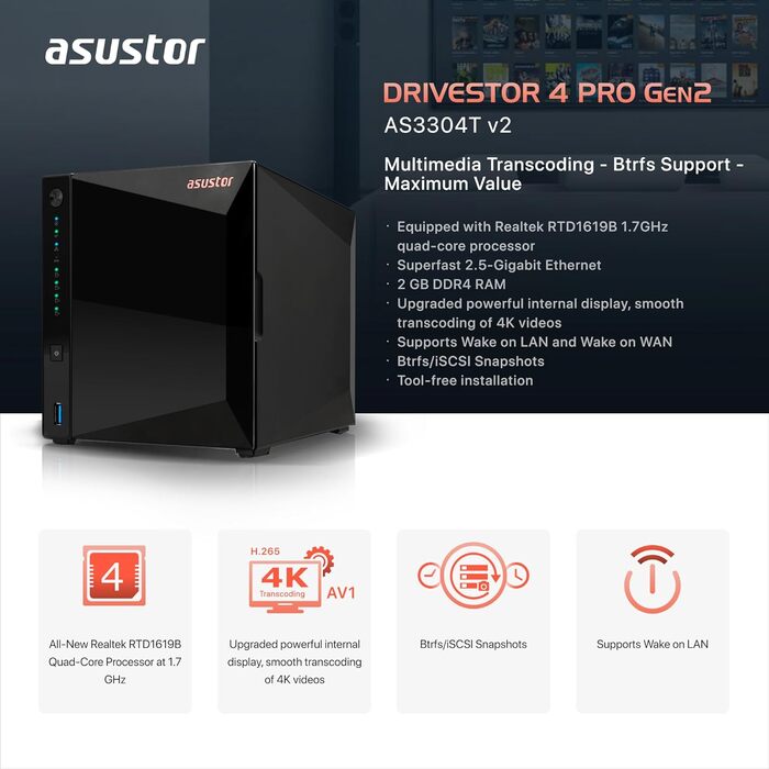 Asustor Drivestor 2 Lite AS1102TL: NAS сервер з 4 відсіками, 1 ГБ RAM DDR4, 1GbE порт, Quad Core процесор 1.7GHz (без дисків)